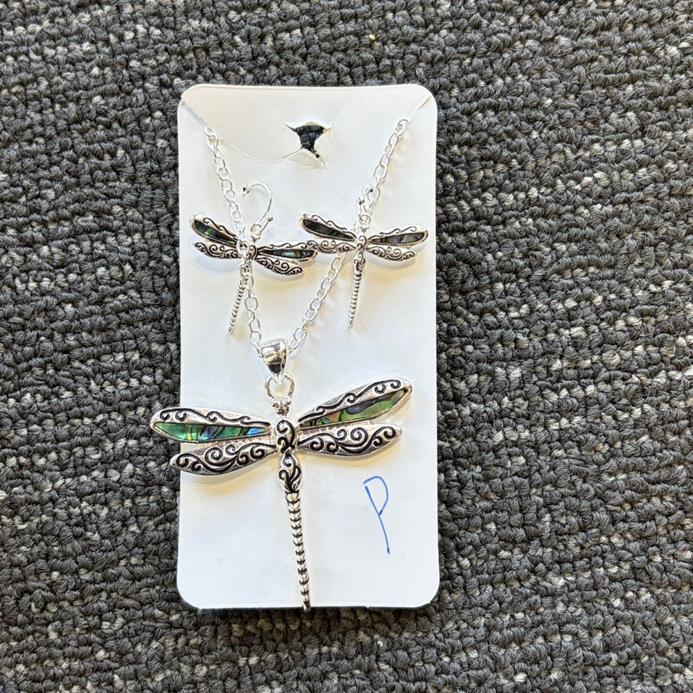 Silver Dragonfly Necklace and Earring Set